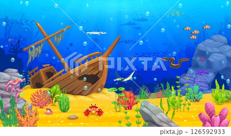 Underwater landscape game background with sunken pirate ship. Cartoon game map with shipwreck boat, seaweeds and sea animals. Vector ocean bottom level location with coral reefs, fish and marine life Underwater landscape game background with sunken pirate ship. Cartoon game map with shipwreck boat, seaweeds and sea animals. Vector ocean bottom level location with coral reefs, fish and marine life 126592933