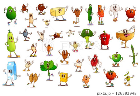 Groovy breakfast food, vegetables and nuts characters. Cartoon milk box, cereals, egg and cheese morning meal vector personages. Retro groovy fish, meat, beans and seeds, fresh veggies and olives 126592948