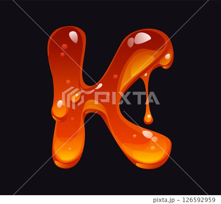 Flowing honey cartoon font letter K. Yellow amber flow English alphabet element, sweet honey cartoon vector typeset symbol. Liquid candy ABC type sign or tasty caramel font letter 126592959