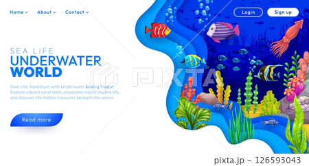 Landing page with paper cut underwater landscape, sea animals and fishes, vector template. Sea diving landing page layout with ocean undersea and underwater squid and fishes in seaweeds for webpage Landing page with paper cut underwater landscape, sea animals and fishes, vector template. Sea diving landing page layout with ocean undersea and underwater squid and fishes in seaweeds for webpage 126593043