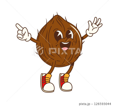 Cartoon groovy coconut nut character with funny face and happy smile, vector comic emoji. Groovy coconut nut jumping up with cool gesture for funky emoji or legume seed and food cartoon character 126593044