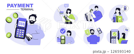 Payment terminal concept set for web design. Collection with people using wireless and contactless POS terminals for paying with credit cards. Flat vector illustration isolated on white background. 126593140