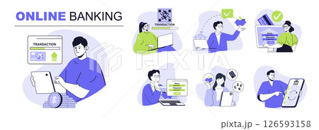 Online banking concept set for web design. Collection with people managing financial accounts, controlling money transactions at credit cards. Flat vector illustration isolated on white background. Online banking concept set for web design. Collection with people managing financial accounts, controlling money transactions at credit cards. Flat vector illustration isolated on white background. 126593158