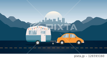camping adventure car with caravan on the road vector illustration 126593160