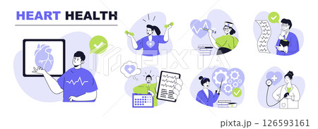 Heart health concept set for web design. Collection with people do cardio training, measuring blood pressure, cardiologist research cardiogram. Flat vector illustration isolated on white background. 126593161
