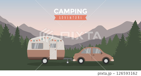 camping adventure car with caravan in nature landscape vector illustration 126593162