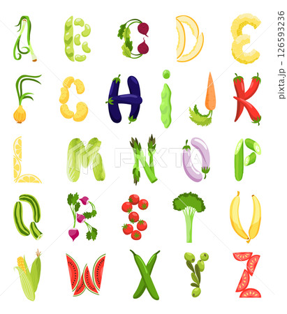 Veggie alphabet, English letters made from fresh vegetables. Decoration concept for books, menus or shops. Vegetable lettering design on white background Veggie alphabet, English letters made from fresh vegetables. Decoration concept for books, menus or shops. Vegetable lettering design on white background 126593236