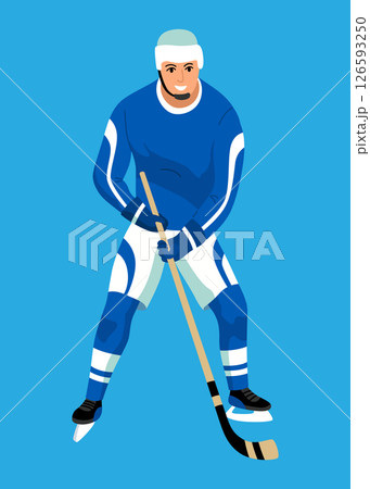 Hockey player. Ice hockey team sport, men with hockey sticks. Sportsman with helmet in cartoon flat style. Vector illustration isolated on white background Hockey player. Ice hockey team sport, men with hockey sticks. Sportsman with helmet in cartoon flat style. Vector illustration isolated on white background 126593250