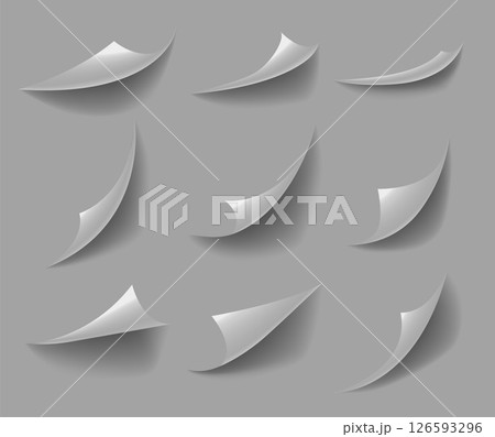 Curled paper corners. Curve page corner, pages edge curl and bent papers sheet with realistic shadow. Paper corner folds isolated on white background 126593296