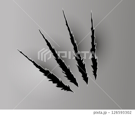 Bear or tiger claw mark. Scratches and torn traces of vector animal paw slashes. Hole in sheet of paper with torn edges. Vector illustration 126593302