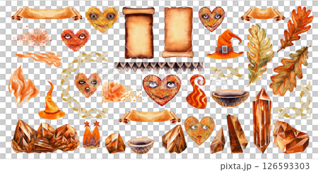 Halloween Orange clipart set with hats, crystals, vintage paper, magical autumn spirits, splashes Halloween Orange clipart set with hats, crystals, vintage paper, magical autumn spirits, splashes 126593303