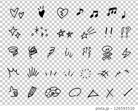 手描きの装飾セット。かわいい線画。星、ハートなど記号のイラスト。ペンで描いた感情のアイコン。 手描きの装飾セット。かわいい線画。星、ハートなど記号のイラスト。ペンで描いた感情のアイコン。 126593510