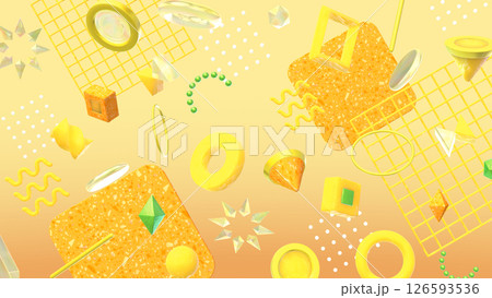幾何学模様やテラゾー柄が並ぶオシャレな3DCG - イエロー 126593536