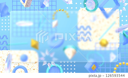 四角いタイトルバックのある幾何学模様やテラゾー柄が並ぶオシャレな3DCG - ブルー 126593544