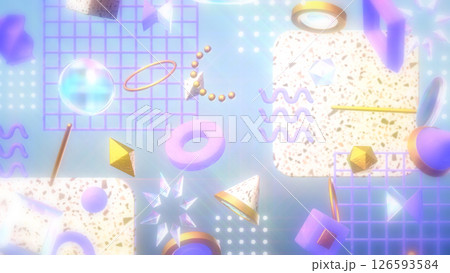 紗がかかった幾何学模様やテラゾー柄が並ぶオシャレな3DCG - パープル 126593584