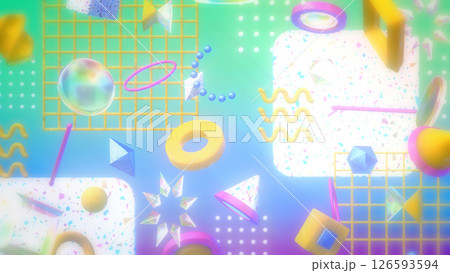 紗がかかった幾何学模様やテラゾー柄が並ぶオシャレな3DCG - カラフル 126593594