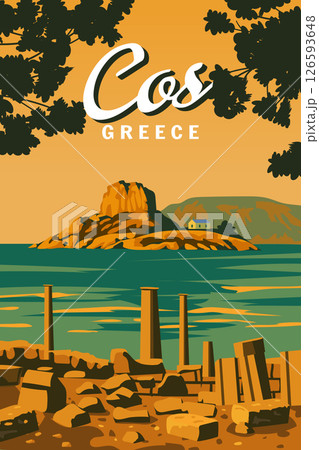 Travel poster Greece island Cos, old fortress, sailboat old Mediterranean European culture and architecture Travel poster Greece island Cos, old fortress, sailboat old Mediterranean European culture and architecture 126593648