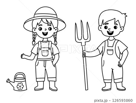 Cute Kids Gardening. Outline boy and girl wearing overalls with garden tools rake and garden watering can. Isolated linear hand drawing. Vector illustration Cute Kids Gardening. Outline boy and girl wearing overalls with garden tools rake and garden watering can. Isolated linear hand drawing. Vector illustration 126593860