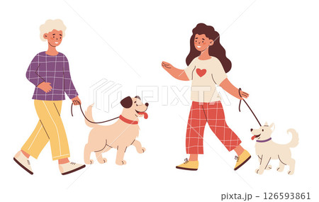 Happy Woman Walking Dogs. Isolated female character with pet symbolizing love, togetherness, and joyful pet companionship. Vector Illustration Happy Woman Walking Dogs. Isolated female character with pet symbolizing love, togetherness, and joyful pet companionship. Vector Illustration 126593861