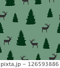 Seamless pattern black deer, fir on green background. Pine forest and small reindeer silhouette print, vector eps 10 126593886