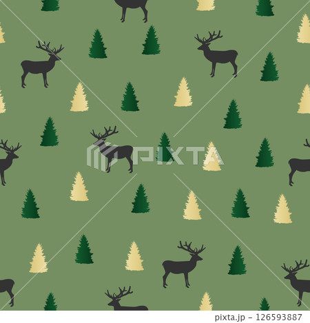 Seamless pattern black deer, golden fir on green background. Christmas winter pine forest, reindeer silhouette print, vector eps 10 126593887