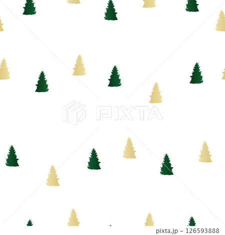 Seamless pattern green, golden firs on white background. Christmas holidays evergreen spruce trees texture, vector eps 10 126593888