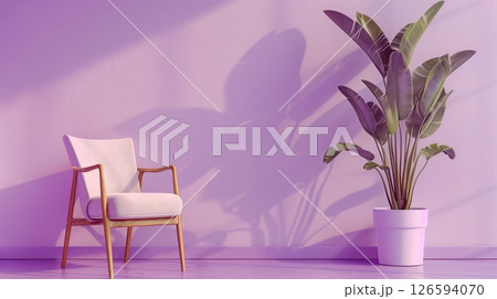 Chair blank pink wall with houseplant and shadow sun light from glass window 126594070