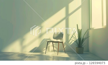 Chair blank green wall with houseplant and shadow sun light from glass window 126594073