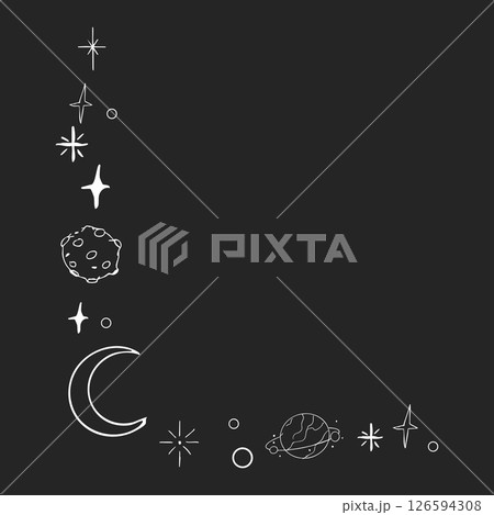 Celestial doodle corner, falling star blink divider, frame. Hand drawn ornament border with stars, planets, meteorite and moon. Space magic simple decor. 126594308