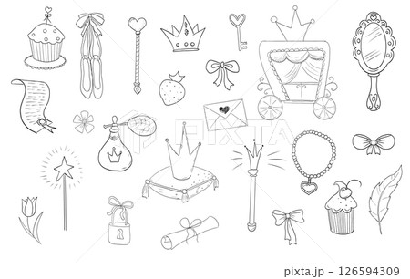 Princess set cute hand drawn sketch. Girl magic fairy mirror, pageant, crown, fairytale fantasy. Royal accessory. Letter and key. Princess set cute hand drawn sketch. Girl magic fairy mirror, pageant, crown, fairytale fantasy. Royal accessory. Letter and key. 126594309
