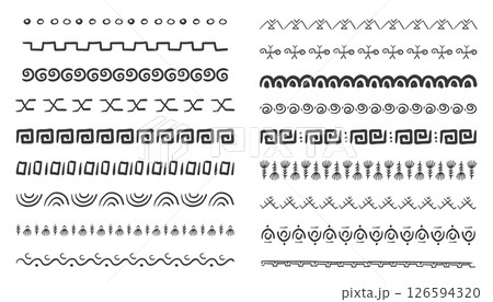 Ethnic tribal border, traditional hand drawn divider, doodle separator. Ancient motif line geometric brush, for frames, design element.  126594320