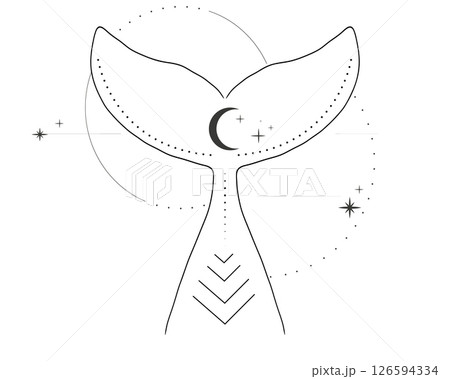 Whale tail with water splash circles stars and moon line sketch minimal geometric tattoo. Mermaid or ocean mammal with waves vintage. Whale tail with water splash circles stars and moon line sketch minimal geometric tattoo. Mermaid or ocean mammal with waves vintage. 126594334