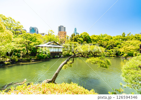初夏の相楽園の風景　池越しに見る茶室・浣心亭3　兵庫県神戸市中央区 126594346