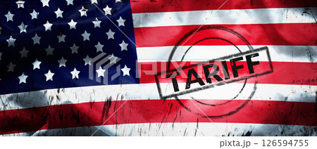 tax tariffs, trade war and economic war concept. USA flag with black stamp text TARIFF 126594755