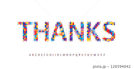 Thanks for subscribers, colorful pixel mosaic text with playful geometric style. Cheerful vibrant typography for greeting card, headline, party or kids design. Vector illustration. 126594842