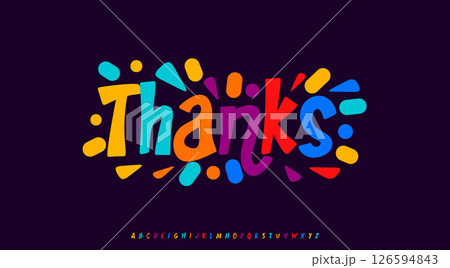 Thanks for subscribers, festive cartoon text with colorful confetti splash. Joyful playful typography for greeting card, headline, kids party or celebration. Vector illustration. 126594843