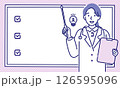 指示棒を持って説明する女性の医師とホワイトボードのシンプルなベクターイラスト 126595096