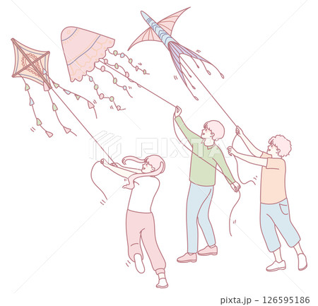 Children are joyfully flying colorful kites in a lively and playful outdoor setting Children are joyfully flying colorful kites in a lively and playful outdoor setting 126595186