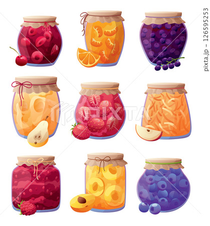 Jam jars set with slice of fruit or berries. Homemade berries and fruit jam, natural organic products. Breakfast food, sweet fruit dessert vector illustration. Winter pot on white background Jam jars set with slice of fruit or berries. Homemade berries and fruit jam, natural organic products. Breakfast food, sweet fruit dessert vector illustration. Winter pot on white background 126595253