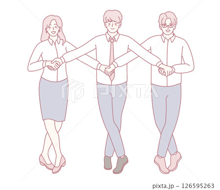 Three individuals in formal attire hold hands, symbolizing unity and collaboration in business 126595263