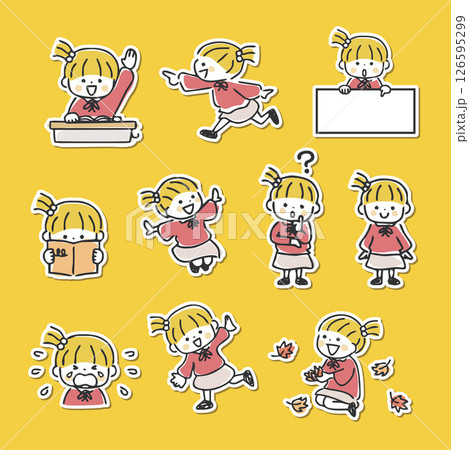 かわいい女の子のイラストセット　白いフチあり 126595299