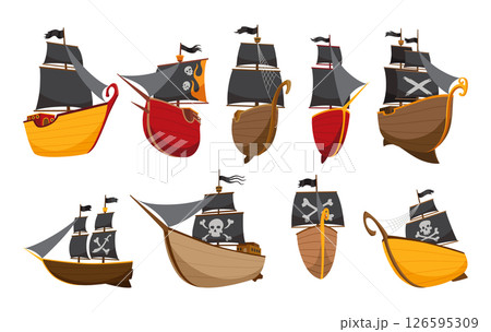 Set of various types stylized cartoon pirate ships illustration with black sails. Collection of pirate ships sailing on water. Galleons with image Jolly Roger. Cute vector icons Set of various types stylized cartoon pirate ships illustration with black sails. Collection of pirate ships sailing on water. Galleons with image Jolly Roger. Cute vector icons 126595309
