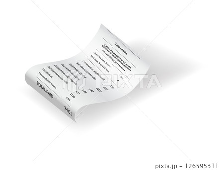 Payment check or receipts with shadow. Curved financial paper, purchase invoice. Buying, bill or calculate pay. Receipt the seller form 126595311