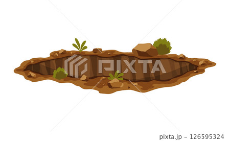 Hole ground. Works digging of sand coal waste rock or gravel. Brown, dry mine element of landscape. Cartoon illustration 126595324