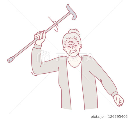 An Angry Elderly Woman Wielding a Cane in a Fierce and Humorous Cartoon Style Illustration An Angry Elderly Woman Wielding a Cane in a Fierce and Humorous Cartoon Style Illustration 126595403