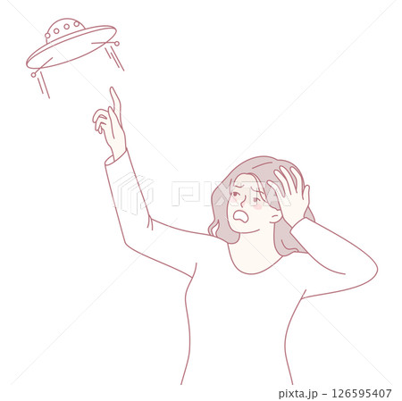 A Woman Expressing Her Reaction to a UFO Encounter Depicted in a Whimsical Illustration 126595407