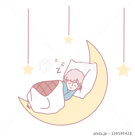 Adorable Illustration of a Cute Child Peacefully Sleeping on the Moon with Heavenly Stars Adorable Illustration of a Cute Child Peacefully Sleeping on the Moon with Heavenly Stars 126595428