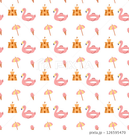 Summer seamless pattern with flamingo, sand castle, umbrella and ice cream. Summer seamless pattern with flamingo, sand castle, umbrella and ice cream. 126595470
