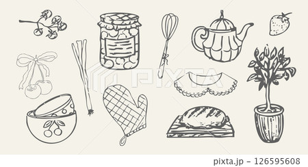 Cottagecore set cosy country rural things sketch. Retro cute whimsy farm themed cottage core aesthetic. Hobby collection, vegetables doodle. 126595608