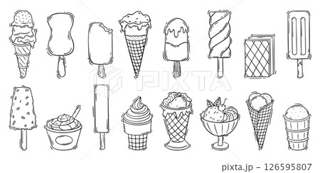Doodle ice cream. Sketch ice cream in waffle cones, popsicles eskimo. Isolated cold sweet creamy desserts with fruits and choco, neoteric vector clipart 126595807